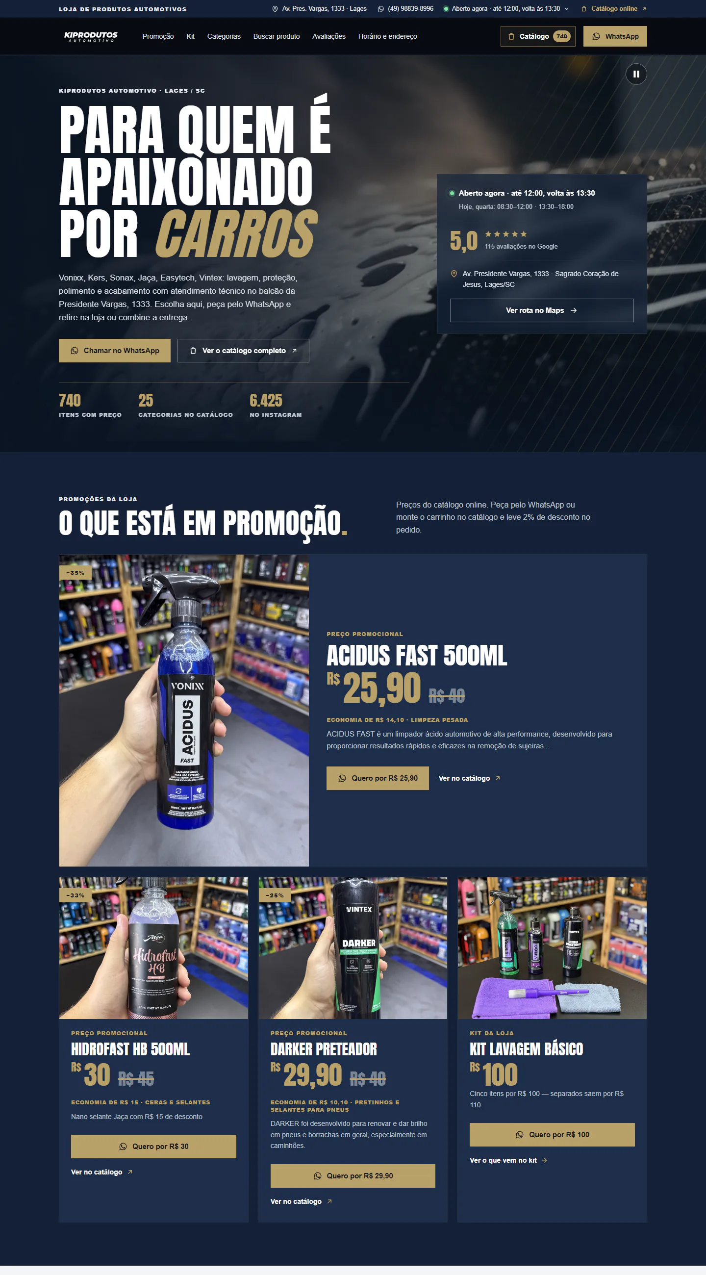 Abertura do site da KiProdutos Automotivo, com a nota 5,0 no Google, o horário ao vivo e as promoções da loja