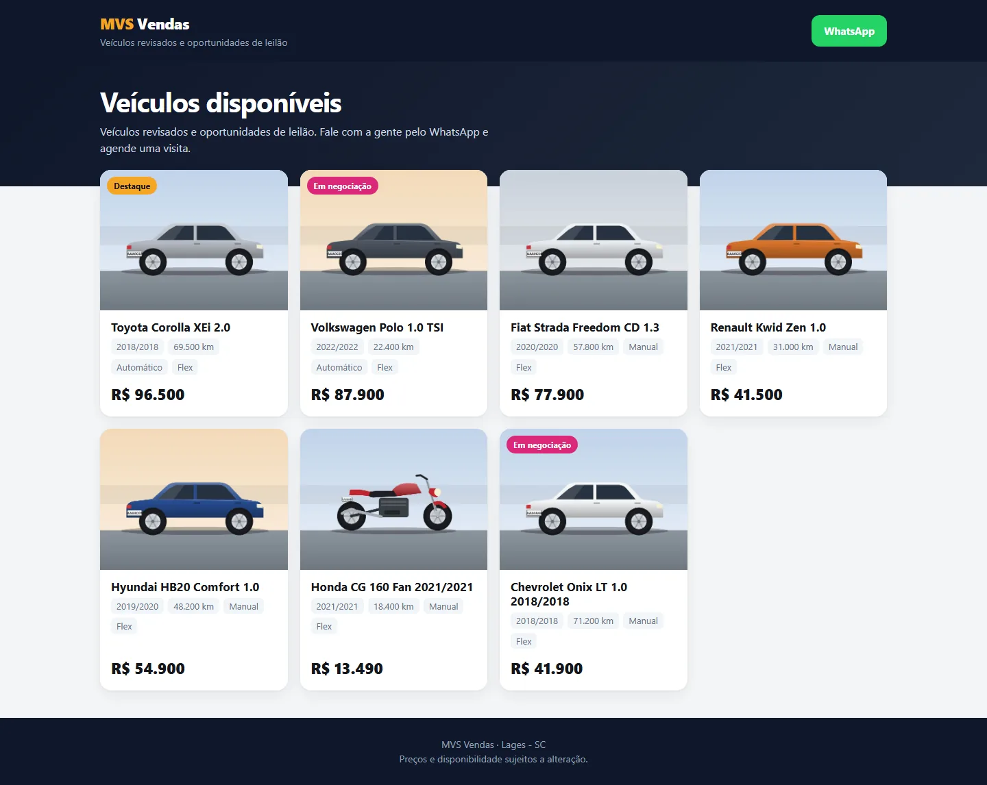 Vitrine pública de carros com grade de cartões, preços, etiquetas de destaque e botão de WhatsApp (veículos de exemplo)