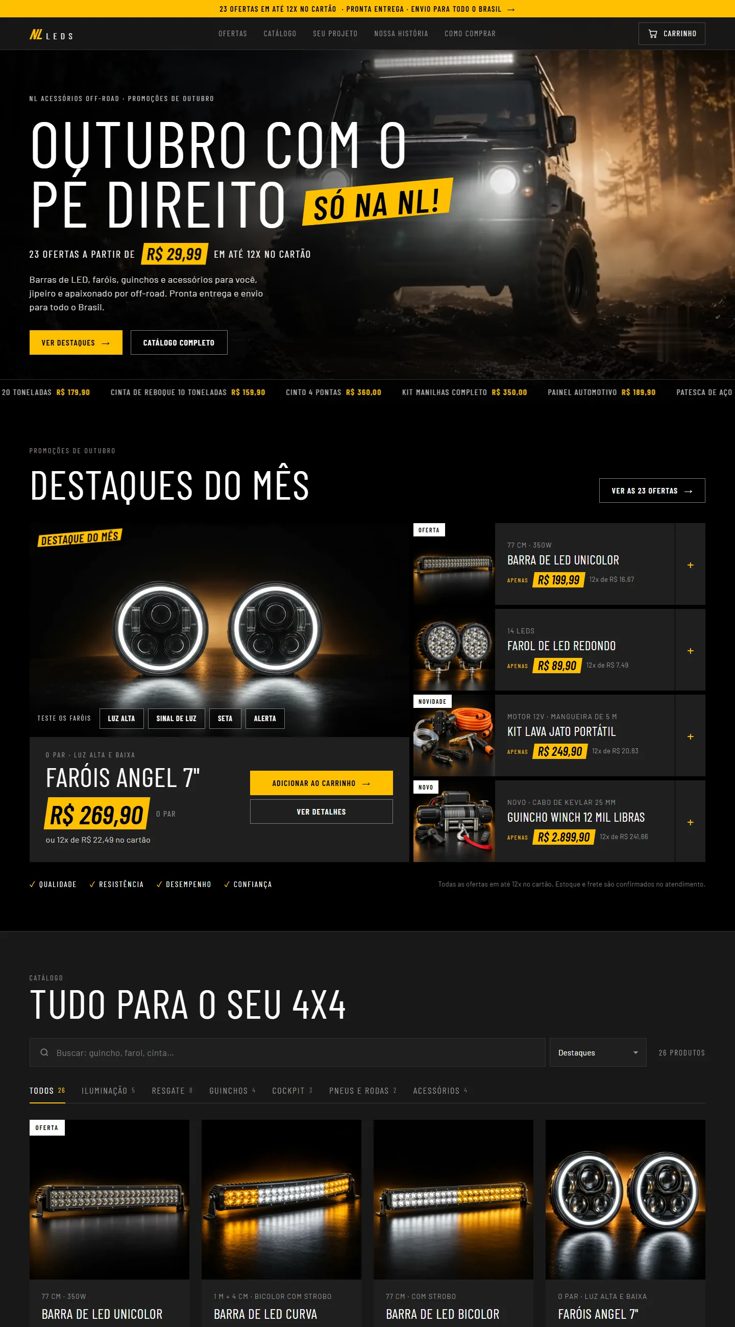 Página inicial da loja NL Leds: banner com jipe off-road, destaques do mês com faróis, barra de LED e guincho, e início do catálogo