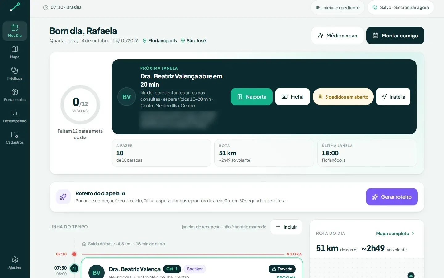 Tela "Meu Dia" do app Rota Viva: meta de visitas, próxima janela de recepção do consultório e roteiro do dia pela IA (dados fictícios)