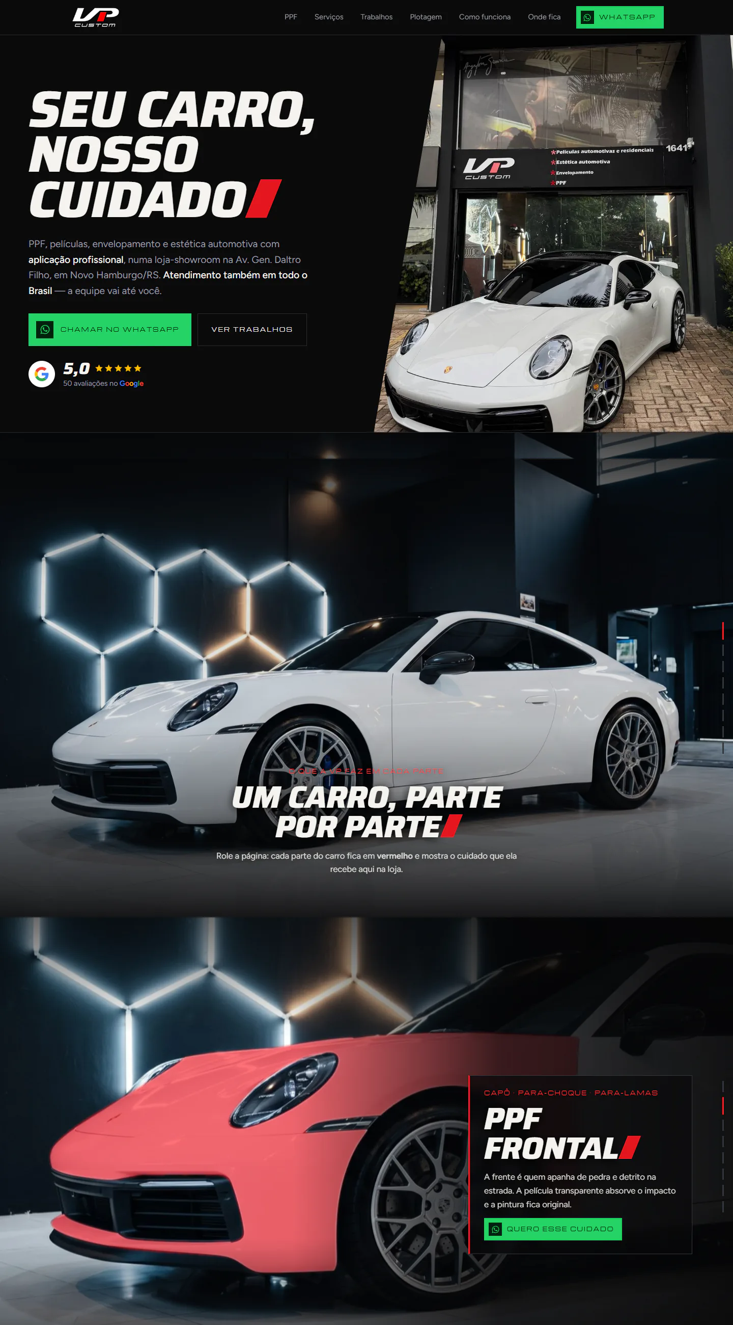 Abertura do site da VP Custom com a Porsche 911 branca na frente da loja